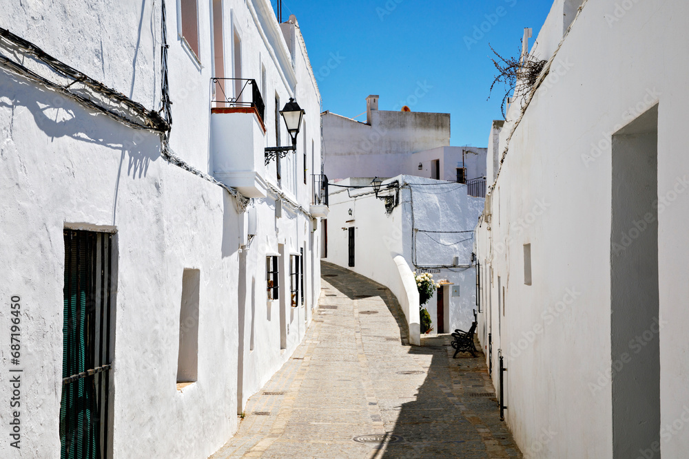 Beautiful streets of Vejer de la Frontera, Spain, Andalusia region, Costa de la Luz, Cadiz district, White Towns, Iberian Peninsula, Old town. Ruta de los Pueblos Blancos