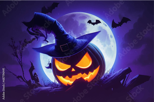 Explore the enchantment of Halloween with our captivating vector: a mischievous pumpkin on a broomstick under the moonlight. Chilling hues, eerie glow, and playful wickedness.