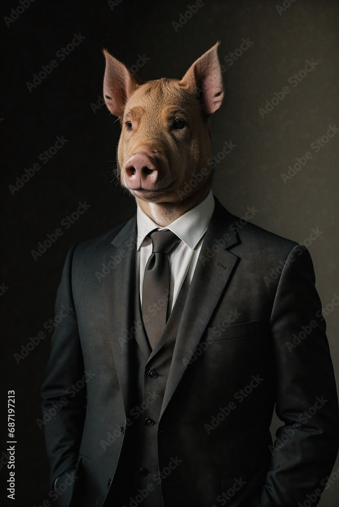 a pig in a suit, tie and a tuxedo