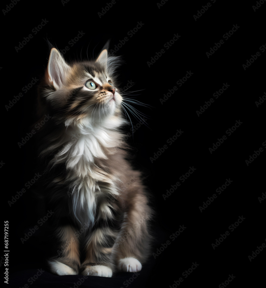 Close-up of cute striped fluffy kitten looking up on a black background with copy space