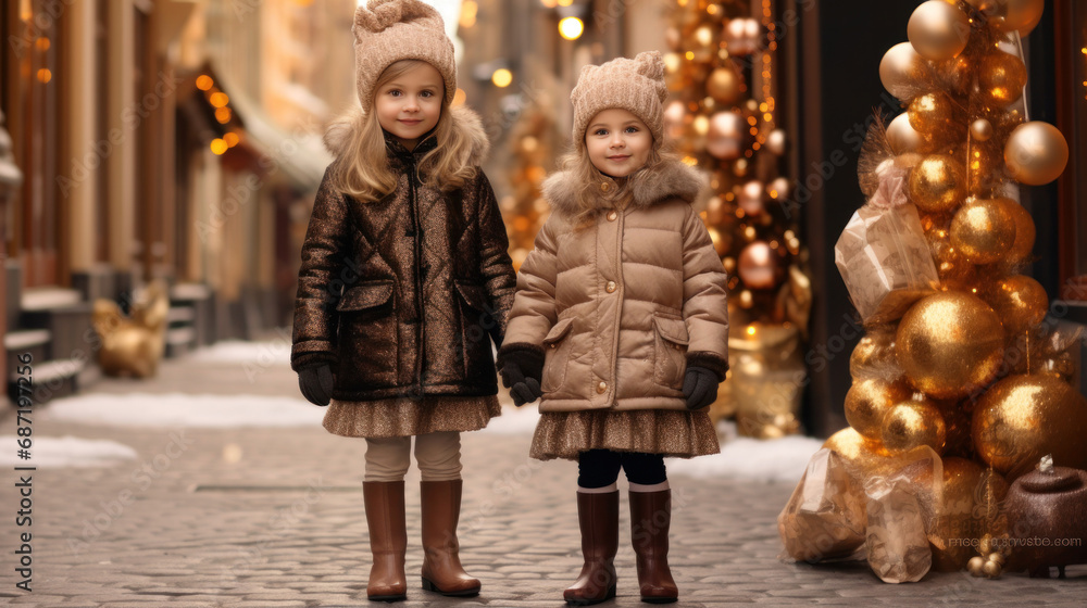 Holidays, childhood concept - happy little kids at Christmas market in winter evening