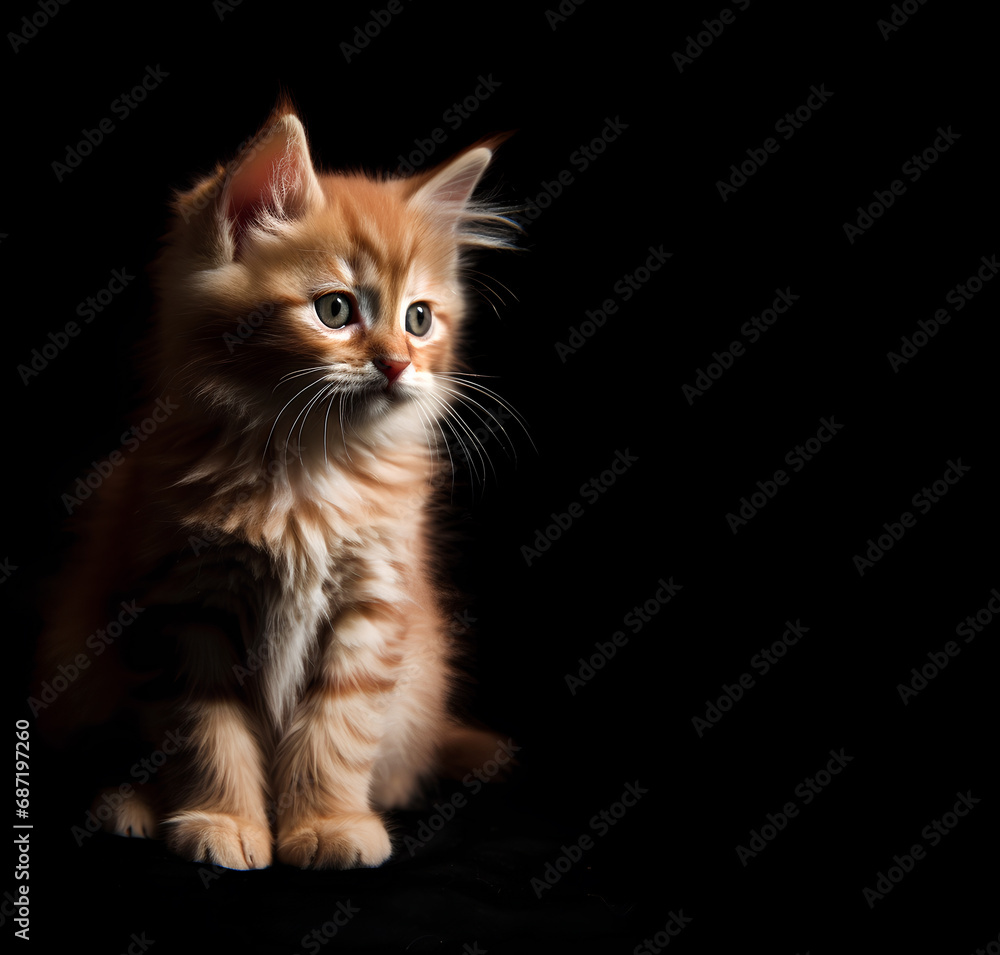 Close-up of cute red fluffy kitten on a black background with copy space