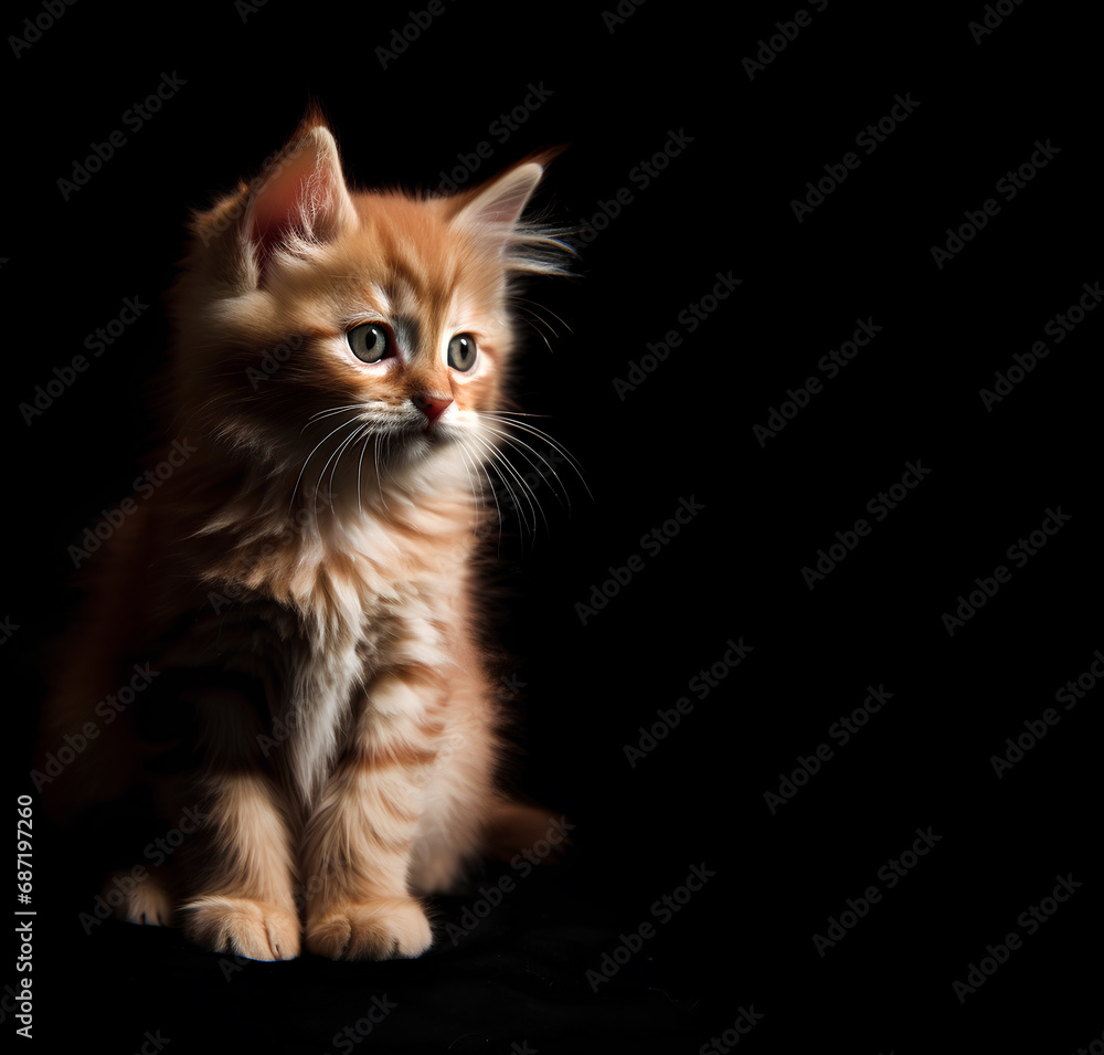 Close-up of cute red fluffy kitten on a black background with copy space Close-up of cute red fluffy kitten on a black background with copy space