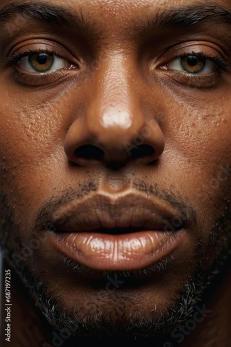 Close-up cropped portrait of the face of a handsome black man looking directly into the camera. A strong look, a model.