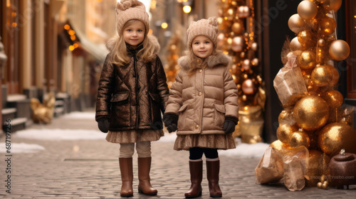 Holidays, childhood concept - happy little kids at Christmas market in winter evening © vetre