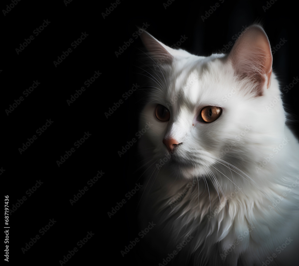 Portrait of white cat on a black background with copy space