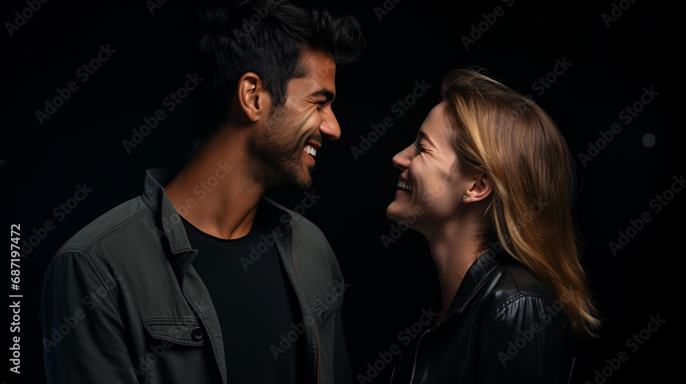 Photo from Canon R5, 50 mm, stylish man and woman smiling and looking at each other, black background