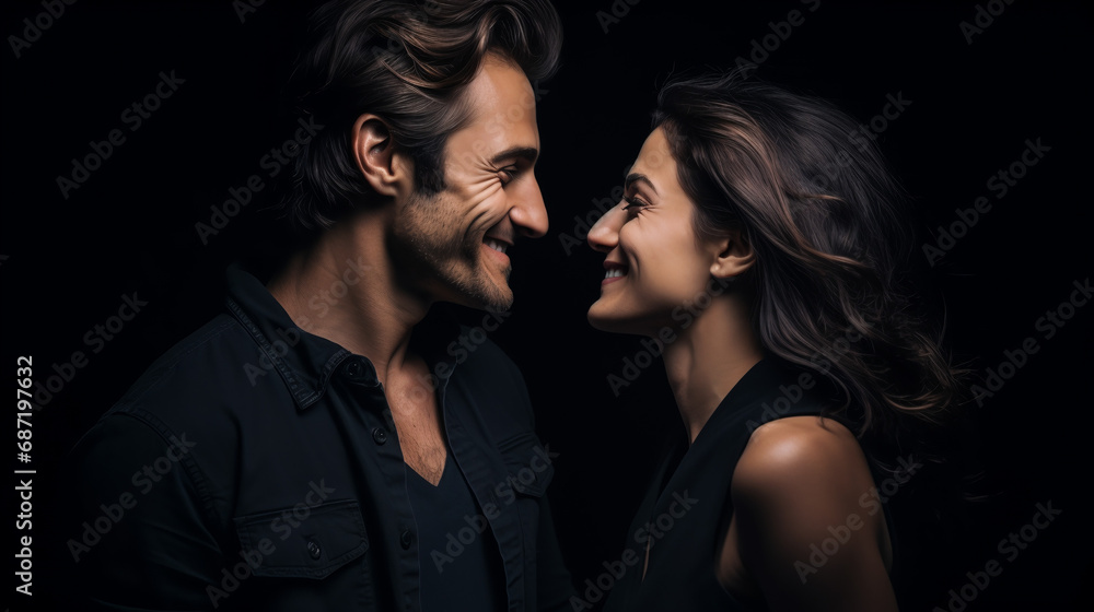 Photo from Canon R5, 50 mm, stylish man and woman smiling and looking at each other, black background Photo from Canon R5, 50 mm, stylish man and woman smiling and looking at each other, black background