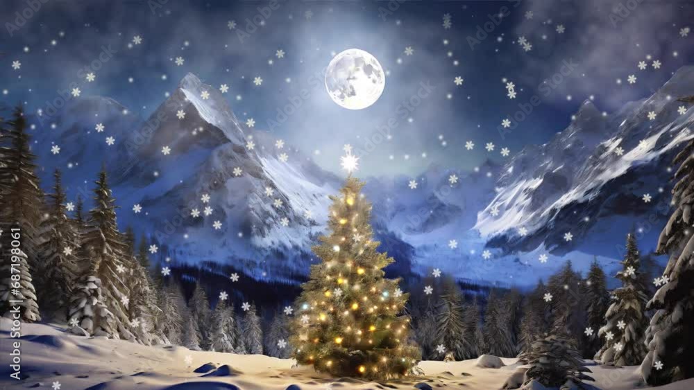 Winter's embrace unfolds in the forest, where a majestic evergreen stands adorned with twinkling lights. In the background, mist-draped mountains cradle a moon that gleams and sparkles, casting a ser Winter's embrace unfolds in the forest, where a majestic evergreen stands adorned with twinkling lights. In the background, mist-draped mountains cradle a moon that gleams and sparkles, casting a ser