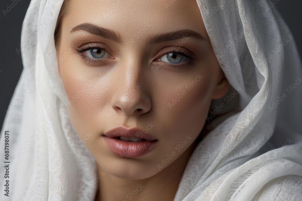Close-up portrait of a beautiful Arab Muslim woman wearing a white headscarf, hijab and looking directly into the camera on a gray background. Close-up portrait of a beautiful Arab Muslim woman wearing a white headscarf, hijab and looking directly into the camera on a gray background.