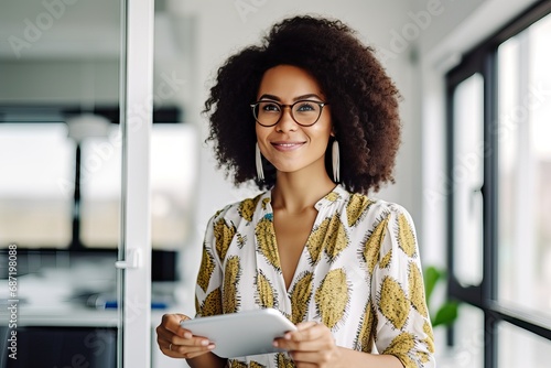 Fototapeta Naklejka Na Ścianę i Meble -  Thoughtful business woman holding a tablet in an office, Confident Latin professional corporate leader, happy female executive, manager standing in office looking at camera, portrait