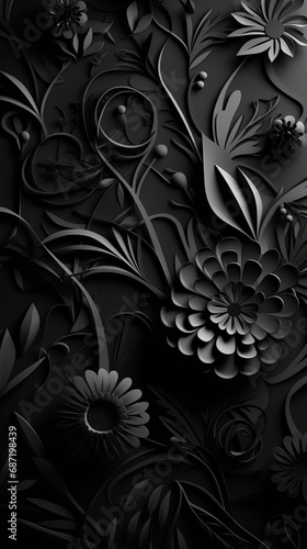 Black floral textured background in paper cut technique