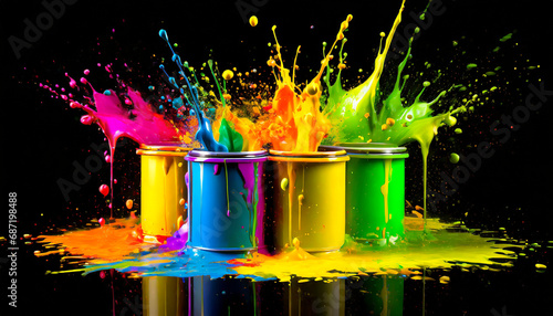 Colorful paint splashes with cans on black background