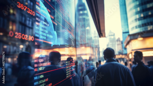 Blurred scene of people in a city looking at a digital stock market display, indicating real-time trading data with glowing numerical values. photo