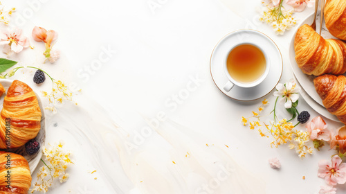 Beautifully arranged breakfast setting with golden-brown croissants, a cup of tea, and vibrant orange flowers on a light background. © MP Studio