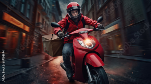 Delivery person in a red uniform and helmet, riding a red scooter and carrying an insulated delivery backpack, captured in motion on a city street.