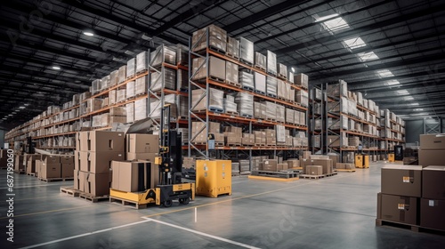 Close up photo of large logistic business transport warehouse indoors with boxes and palletes for logistic purposes