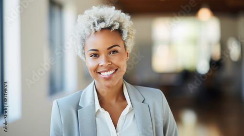 Close up portrait of a smiling businesswoman in suit standing against office background. photo