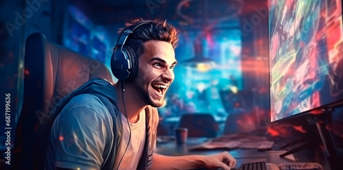 cheerful and joyful gamer, in the process of playing on the computer. advertising photo for gaming copyuternyh clubs and cyber sports. Generative AI