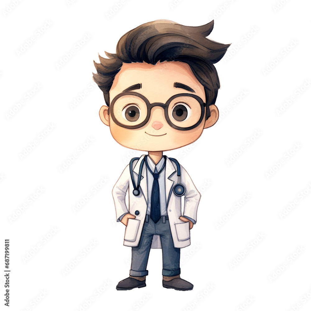 doctor watercolor illustration for children, cute doctor transparent background, doctor with stethoscope, cute clipart style, nurse, medical worker png
