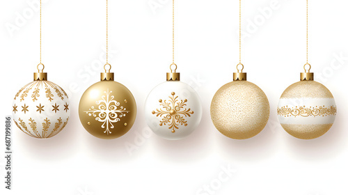 set of white and gold realistic christmas decorations.