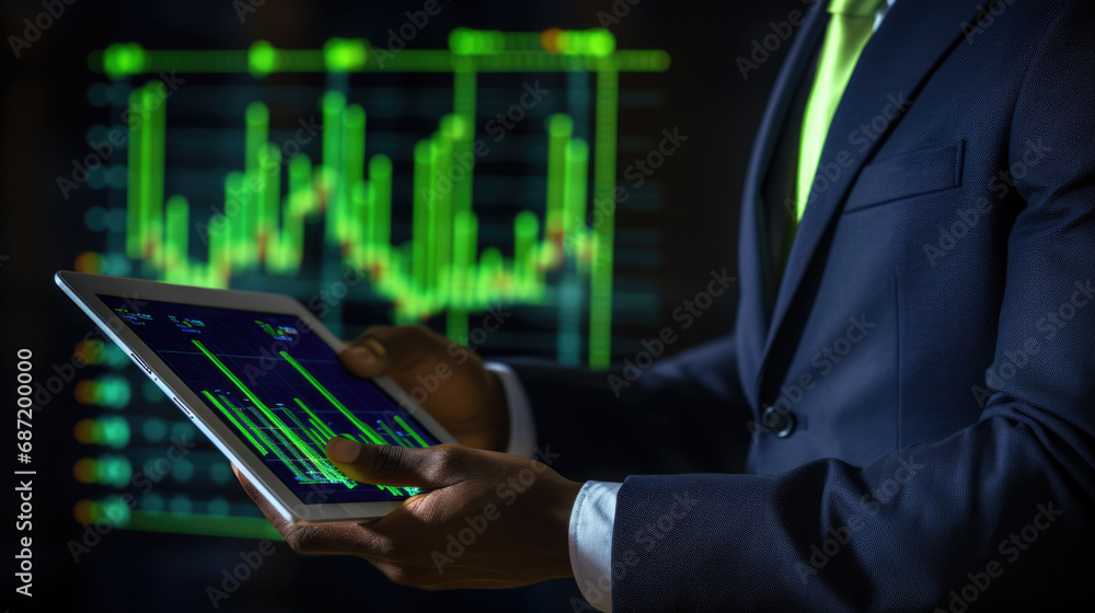 Businessman or trader holding tablet with graphs and charts against black background Businessman or trader holding tablet with graphs and charts against black background