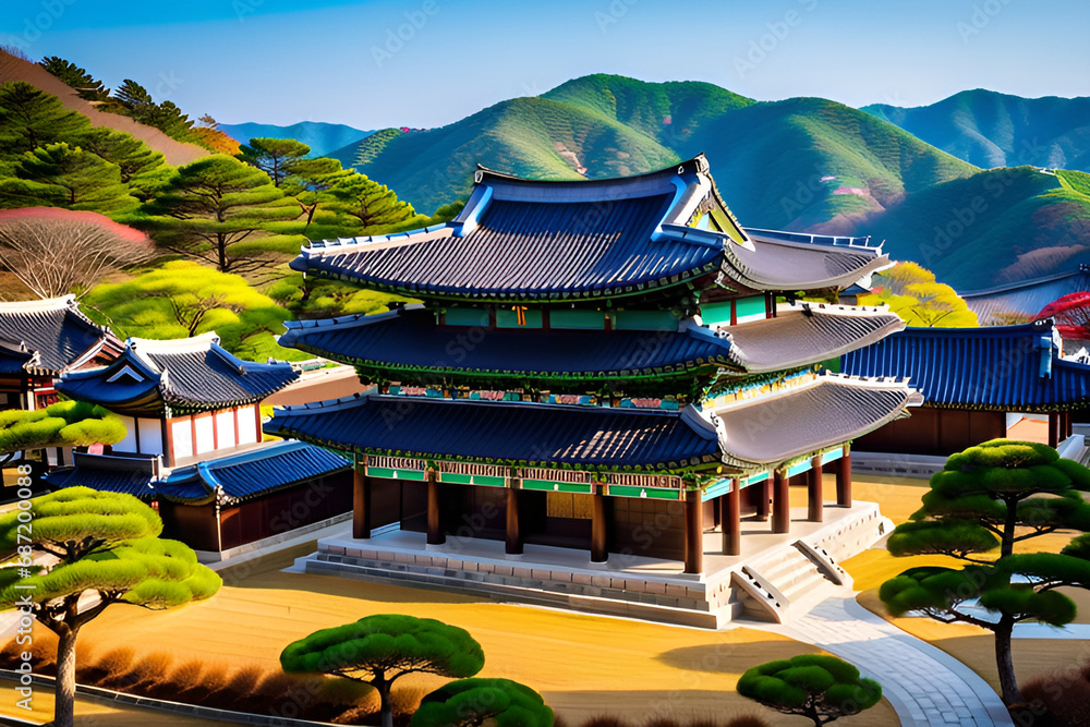 Nestled against a backdrop of rolling hills, the unique architecture of Korean temples with their dynamic tiled roofs creates a mesmerizing scene. Generative AI.