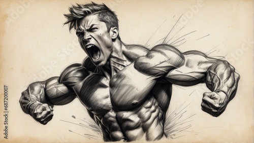 Digital illustration of a screaming muscular man in front of a vintage background
