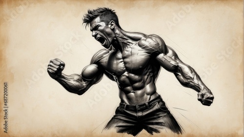 Digital illustration of a screaming muscular man in front of a vintage background