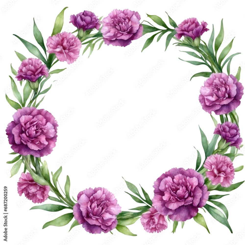 Watercolor illustration purple carnation flowers with green vivid leafs border. Creative graphics design.