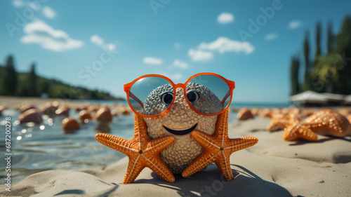 Starfish With Sunglasses On The Sunny Beach © Awais05