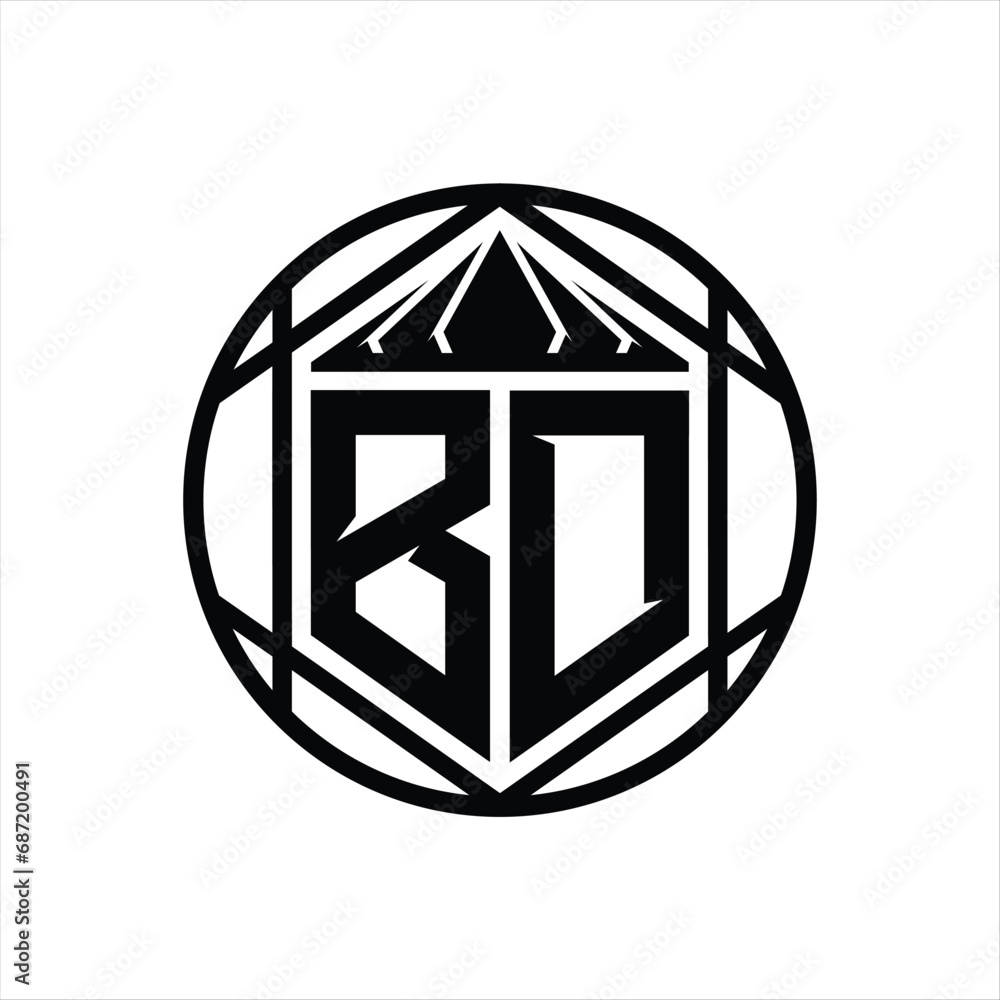 BD Letter Logo monogram hexagon slice crown sharp shield shape isolated circle abstract style design BD Letter Logo monogram hexagon slice crown sharp shield shape isolated circle abstract style design