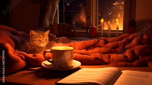 Homey: scenes with cozy homey moments, a cup of coffee on the table a soft couch. Generative AI