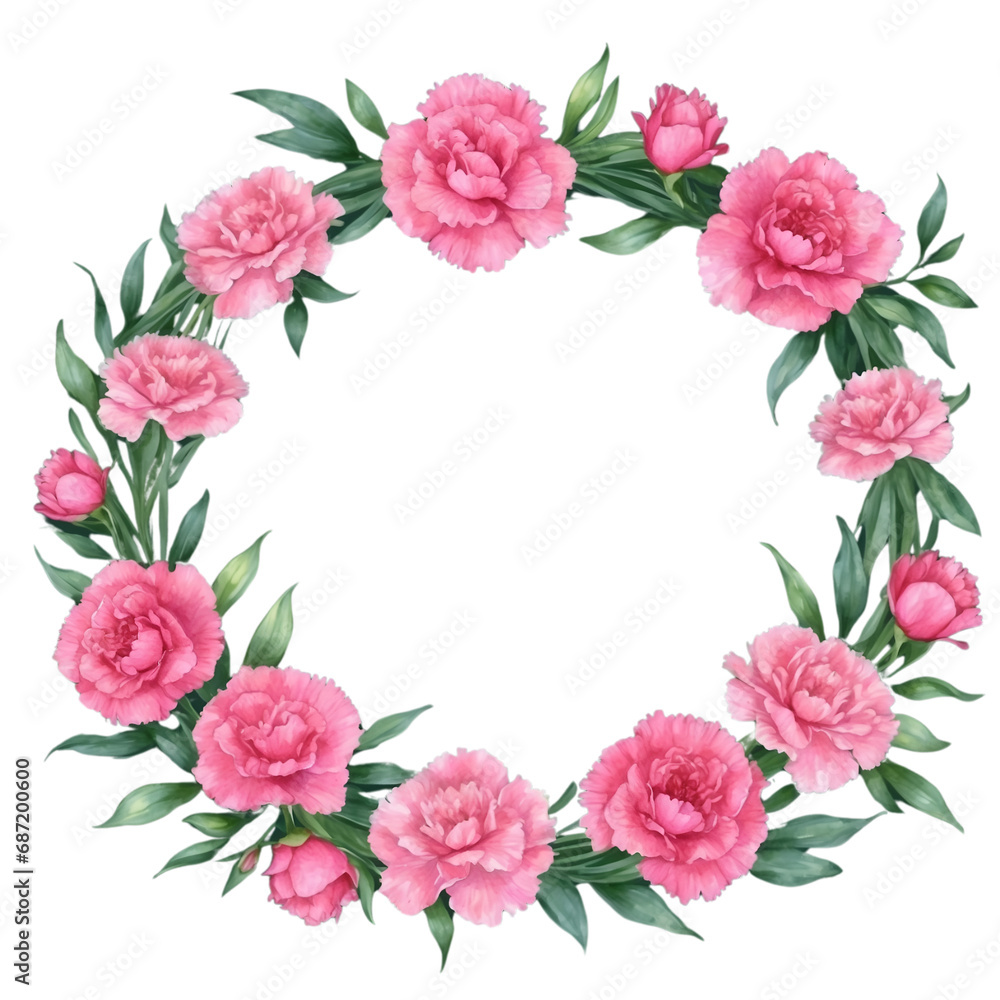 Watercolor illustration pink carnation flowers with green vivid leafs border. Creative graphics design. Watercolor illustration pink carnation flowers with green vivid leafs border. Creative graphics design.
