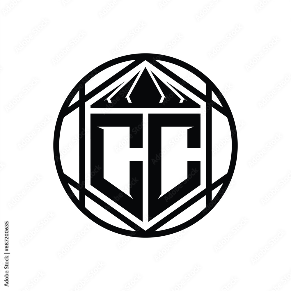 CC Letter Logo monogram hexagon slice crown sharp shield shape isolated circle abstract style design CC Letter Logo monogram hexagon slice crown sharp shield shape isolated circle abstract style design
