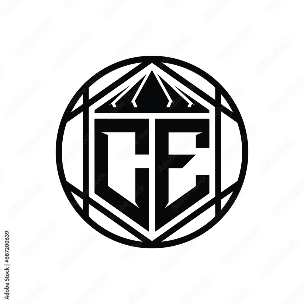 CE Letter Logo monogram hexagon slice crown sharp shield shape isolated circle abstract style design CE Letter Logo monogram hexagon slice crown sharp shield shape isolated circle abstract style design