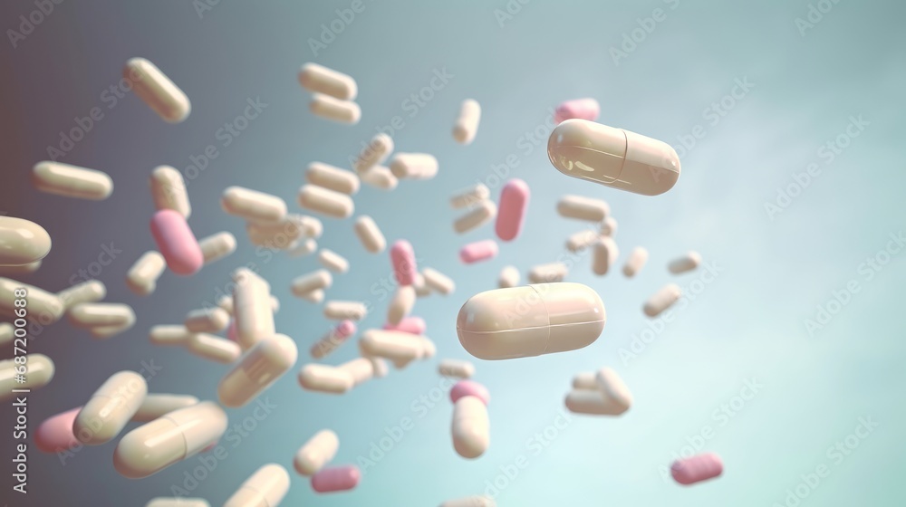 Flying levitation medical pills, drugs and medications, illustrating the concept of pharmaceuticals, clinical trial research, medical treatment, and healthcare interventions. 