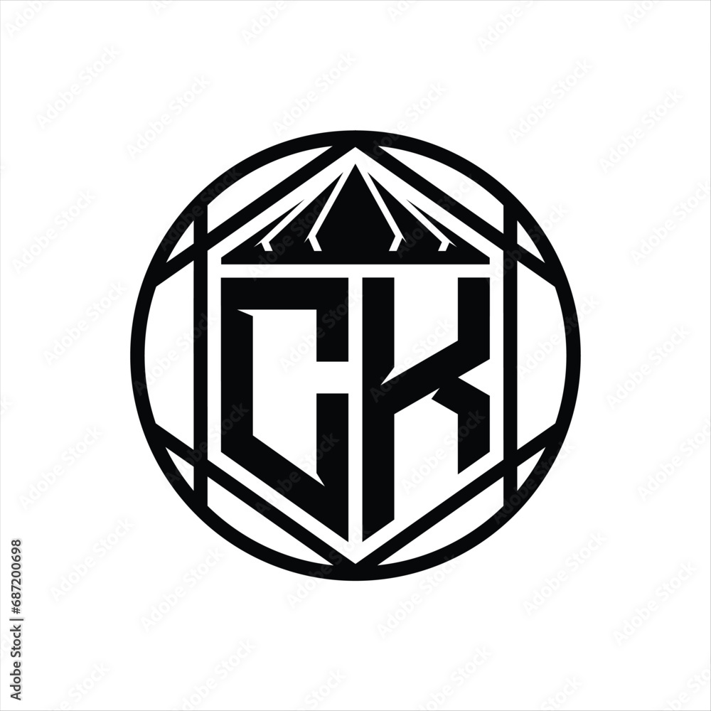 CK Letter Logo monogram hexagon slice crown sharp shield shape isolated circle abstract style design CK Letter Logo monogram hexagon slice crown sharp shield shape isolated circle abstract style design