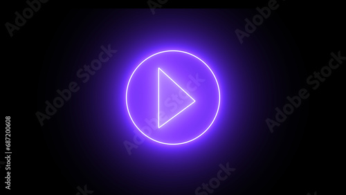 Glowing purple neon shine play button with neon circle. Wide gaming background with glowing play button. Press to play. Start button. Play button icon