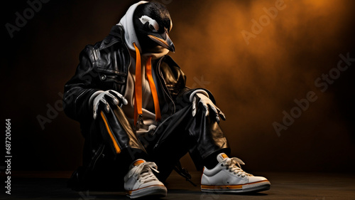 A photo of an anthropomorphic penguin dressed in luxurious designer urban wear and sneakers, styled as a fashion shoot. Generative AI