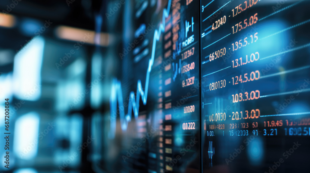 Close-up of a digital screen displaying financial stock market data with graphs and analytics, illustrating market trends and investment analysis. - obrazy, fototapety, plakaty 