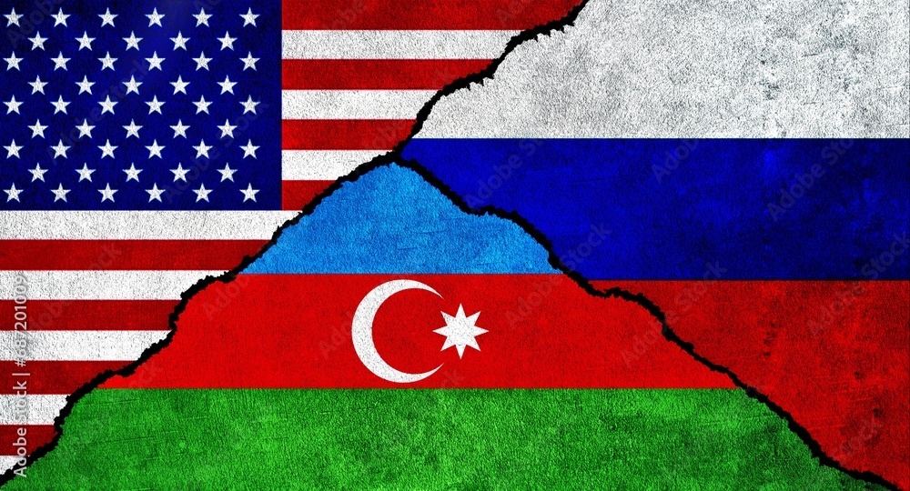 USA, Russia and Azerbaijan flag together on a textured wall. Relations between Russia, Azerbaijan and United States of America