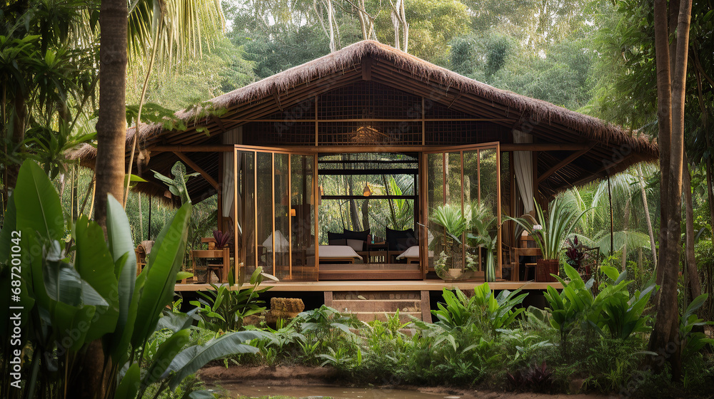 A small one-story house amidst a bamboo garden. Made from local materials Combined with exterior decorative glass Located in the northeastern region of Thailand. A small one-story house amidst a bamboo garden. Made from local materials Combined with exterior decorative glass Located in the northeastern region of Thailand.