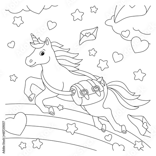 Unicorn postman with a bag of love letters. Coloring book page for kids. Valentine's Day. Cartoon style character. Vector illustration isolated on white background.