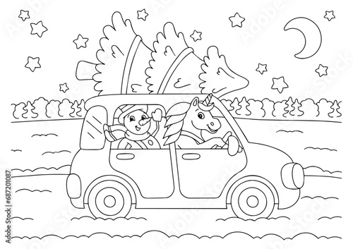 The snowman and the unicorn ride in the car and carry the Christmas tree. Coloring book page for kids. Cartoon style character. Vector illustration isolated on white background.