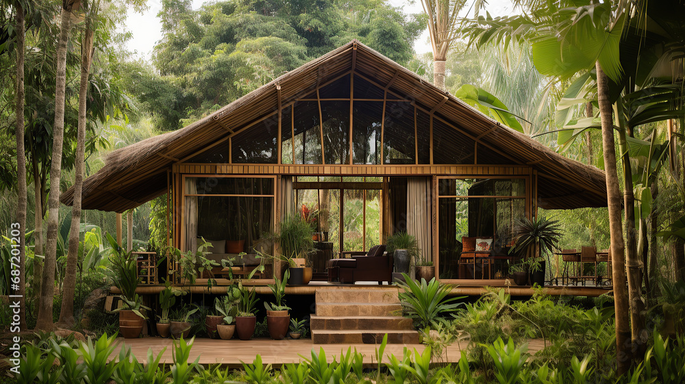 A small one-story house amidst a bamboo garden. Made from local materials Combined with exterior decorative glass Located in the northeastern region of Thailand. A small one-story house amidst a bamboo garden. Made from local materials Combined with exterior decorative glass Located in the northeastern region of Thailand.