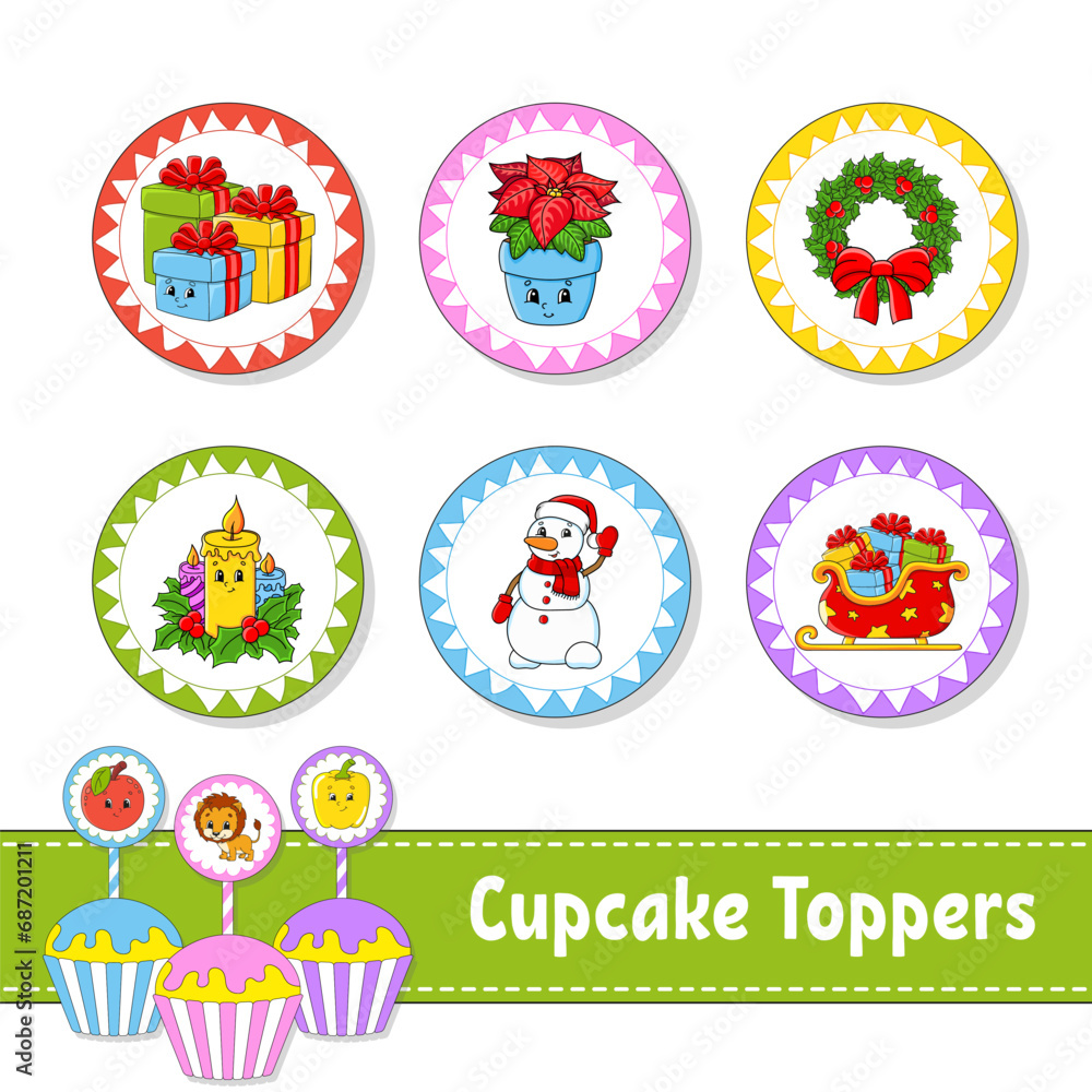 Cupcake Toppers. Set of six round pictures. cartoon characters. Cute image. For birthday, baby shower. Isolated on white background. Vector illustration. Cupcake Toppers. Set of six round pictures. cartoon characters. Cute image. For birthday, baby shower. Isolated on white background. Vector illustration.