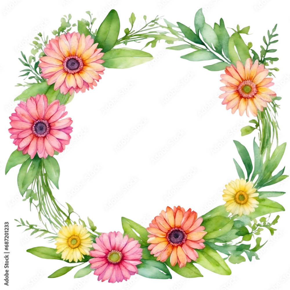 Fototapeta premium Watercolor illustration colorful transvaal daisy flowers with green vivid leafs border. Creative graphics design.