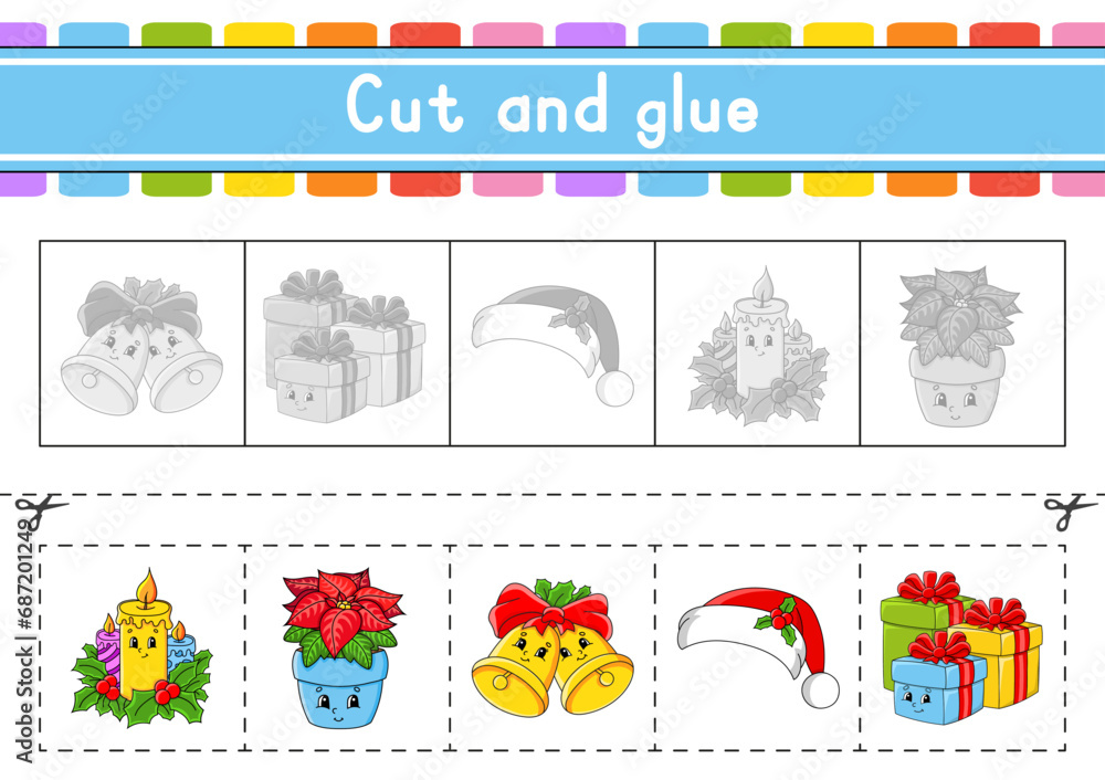 Cut and play. Paper game with glue. Flash cards. Education worksheet. Activity page. Scissors practice. Vector illustration. Cut and play. Paper game with glue. Flash cards. Education worksheet. Activity page. Scissors practice. Vector illustration.
