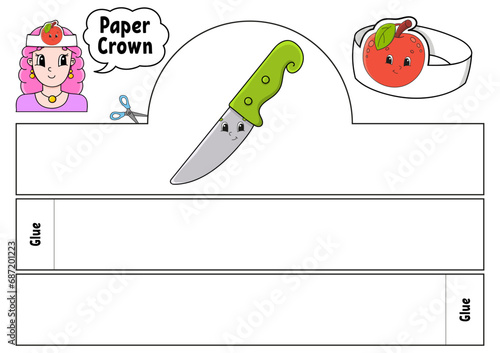 Paper crown template for kids. For games, pies, birthdays, holidays. With a cute cartoon character. Isolated on a white background. Suitable for printing. Vector illustration.